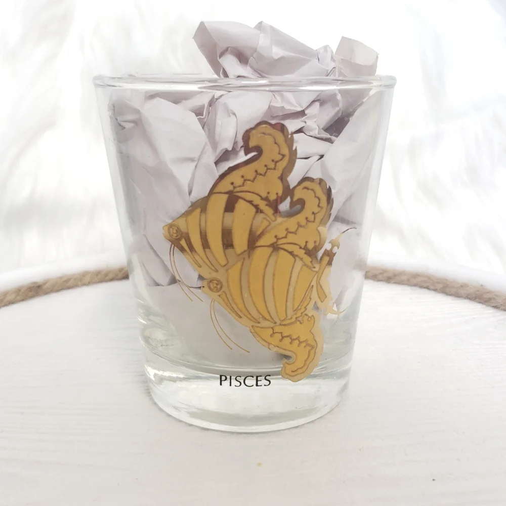 Vintage MCM Anchor Hocking Zodiac Astrology w Gold Picses Glass